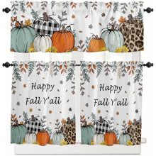 Thanksgiving 3-Pc Kitchen Curtains Set: Orange Pumpkin, Maple Leaves, Sunflower, Vintage Beige, Rod Pocket, Cafe/Bathroom Tiers & Valance