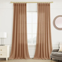 Camel Brown Linen Semi-Sheer Curtains 52x90", Light Filtering, Farmhouse Boho Style, Rod Pocket & Back Tab, 2 Panels