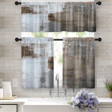 Keukengordijnenset in bruin/grijs/wit – Gordijnen met tunnelzoom en volant, abstracte café-decoratie, 137 x 61 cm, geschikt voor standaard