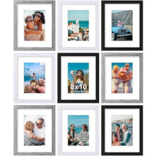 Set de 9 rame foto 8x10 – Rame de perete/masă, 5x7 (cu suport) sau 8x10 (fără suport), plexiglas, lemn stratificat, negru/gri/alb
