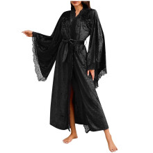 Women's Plus Size Velvet Kimono Robe Black S-L