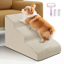 Dog Ramp 3 Steps for Small Dogs and Cats Straw Yellow, Pet Stair for Sofa and Bed Non-Slip Foam Dog Steps with Removable Washable Cover, Send Lint