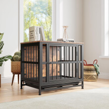 BORPHOM 27.56" Wooden Dog Crate Furniture,Dog Kennel Indoor,Heavy Duty Metal Dog Cage,Dog House with 2 Doors Removable Tray,Side End