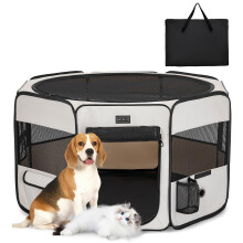 PETSFIT Dog Play Pen,Puppy Playpen with Removable Zipper Mesh Top Cover&Anti-Leakage Bottom, Foldable, Collapsible Medium Dog Pen Indoor Cat Playpen