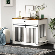 DAWNYIELD Dog Crate, Furniture Style Pet Crate with Sliding Doors, Wooden Indoor Dog Kennel Side Table with Drawer, Lockable Dog House with