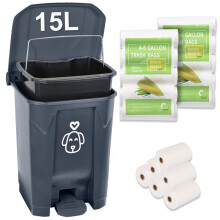 origreen Outdoors Dog Poop Trash Can with Lid & 290PCS Waste Bags, Cute Dog Waste Trash Can for Dog Poop, Yard, Home, Garden, Kitchen, 15 Litre Grey