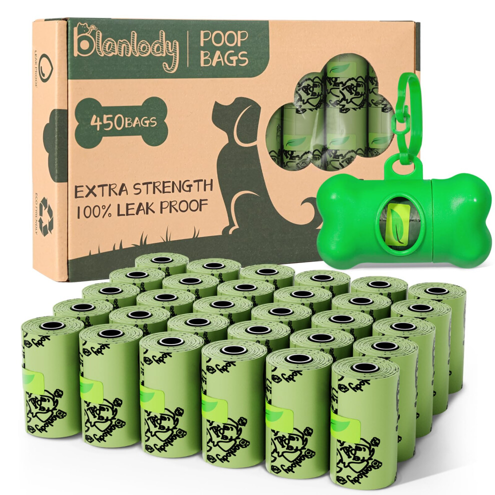 Blanlody 450 Poo Bags Dogs, Biodegradable Dog Poop Bags Rolls Compostable Dog Bags Scented Dog Waste Bags Strong Doggy Poop Bags With Dispenser For