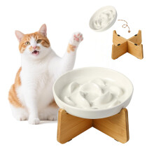 Elevated Slow Feeder Cat Bowl - Ceramic Cat Food Dish with Anti-Slip Bamboo Stand - Whisker Friendly Feeding Bowl - Raised Maze Plate for Slow Down