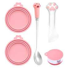 Grosion 4 PCS Cat Food Spoon Kit,Reusable Cat Paw Pet Foods Can Opener with Spoon and Pet Food Can Covers Lids,Cute Silicone Multi Function Pet Food