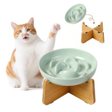 Elevated Slow Feeder Cat Bowl - Melamine Cat Food Plate with Anti-Slip Bamboo Stand - Whisker Friendly Feeding Bowl - Raised Maze Dish for Slow Eating