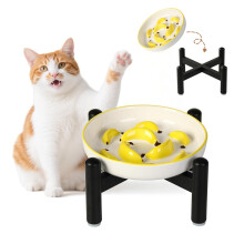 Elevated Slow Feeder Cat Bowl - Ceramic Cat Food Plate with Anti-Slip Stainless Steel Stand - Shallow Maze Dish for Slow Eating - Yellow