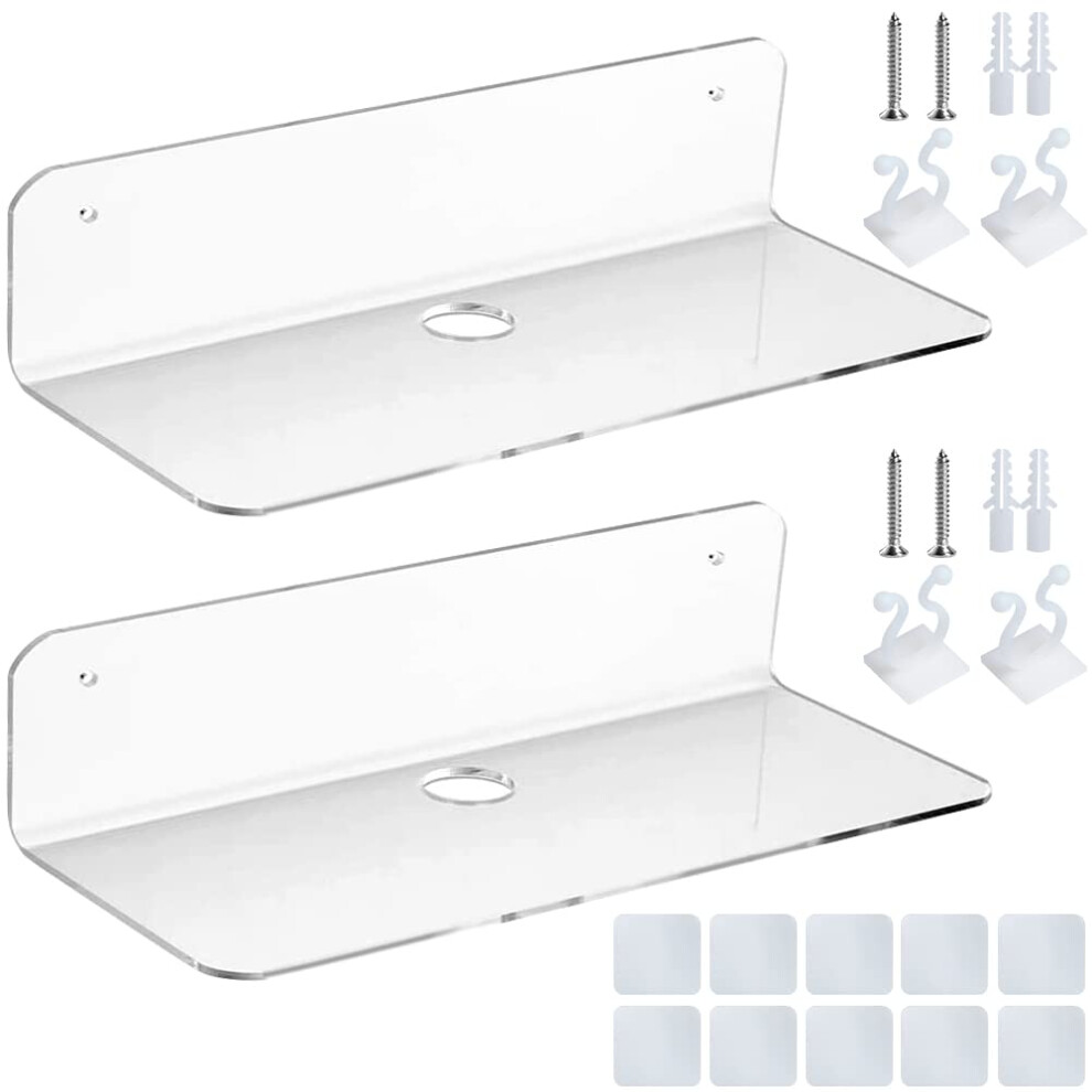 Weegoo 2 Pcs Acrylic Floating Wall Shelf Self Adhesive 9 Inch No Drill Shelves Small, Stick On Shelves Damage Free Expand Wall Space, Clear Small Wall 5051222995006