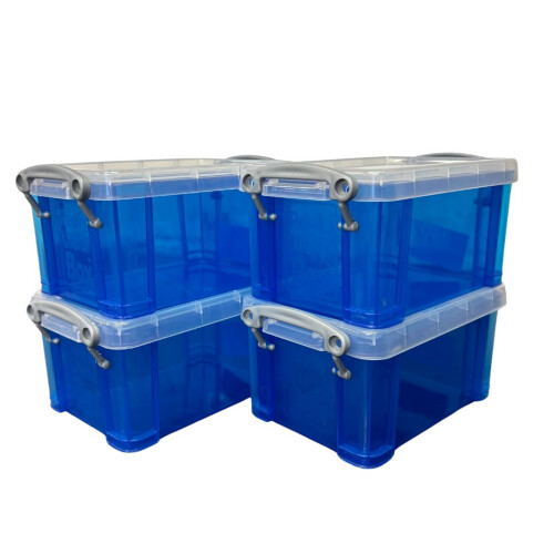 Really Useful Box, 0.7L, Clear Plastic Storage Boxes with Lids, Set of 4 (Blue)