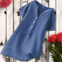 Damen-Tunika-Bluse mit V-Ausschnitt, kurzen Ärmeln und Knopfleiste aus Baumwolle und Leinen – Sommerbluse