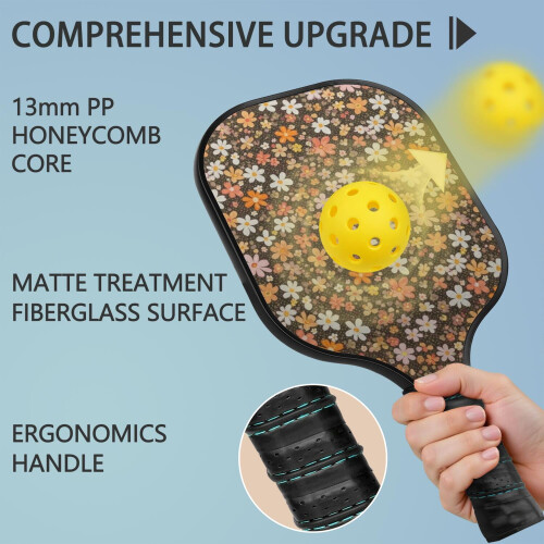 Σετ κουπιών Pickleball από fiberglass με λουλούδια και 2 μπάλες και τσάντα – Συμβατό με 1