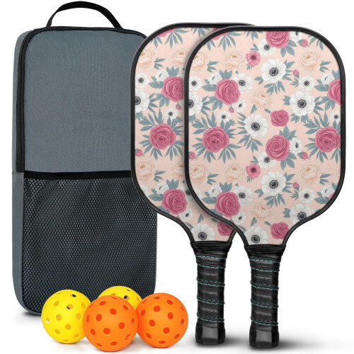 Σετ κουπιών Pickleball με κουπιά από fiberglass σε σχέδια λουλουδιών, 2 μπάλες και τσάντα –