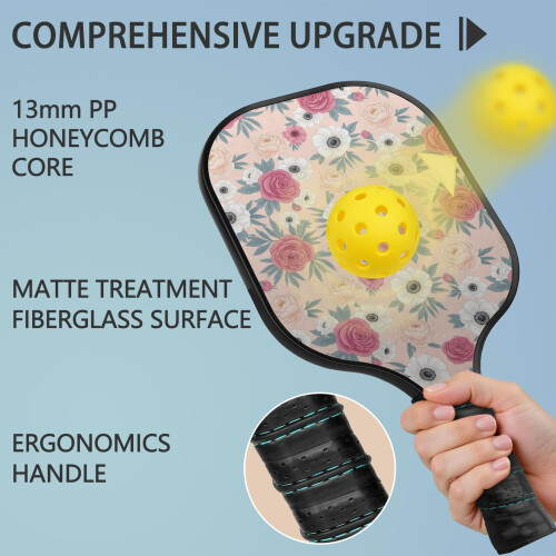 Σετ κουπιών Pickleball με κουπιά από fiberglass σε σχέδια λουλουδιών, 2 μπάλες και τσάντα – 1