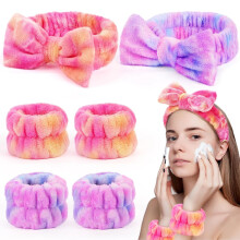 Spa-Stirnbänder für Damen mit passendem Armband-Set – Weiche, elastische Haarbänder aus Korallenvlies für Gesichtsreinigung, Dusche und