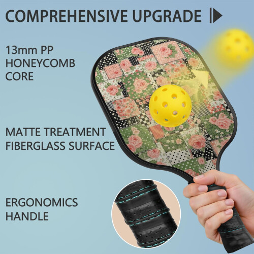 Σετ κουπιών Pickleball από fiberglass με λουλούδια, 2 μπάλες και τσάντα, συμβατό με παιχνίδι 1