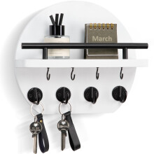 Nekon Key Holder for Wall - 9.8 Inch Apartment Wall Decor with Shelf and 8 Key Hooks, Circular Wood Key Hanger for Home Decor (White)