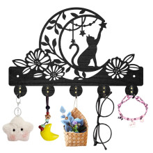 MAYJOYDIY Cat Moon Flower Coat Rack Wall Mounted Wood Animal Moon Star Key Hanger Wall Art Decor 30?20cm 5 Alloy Hooks Black Key Rack Organizer for