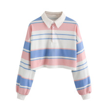 Damen Langarm-Crop-Shirt mit Streifenmuster und Knopfleiste, Pullover-Hoodie, Sweatshirt-Top, Bluse, Hellblau