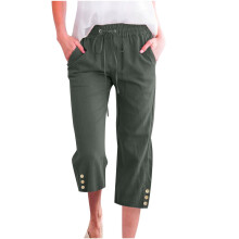 VERUGU Caprihose für Damen, modisch, lässig, einfarbig, elastisch, lockere Hose, gerades, weites Bein, mit Tasche, Armeegrün, XXL