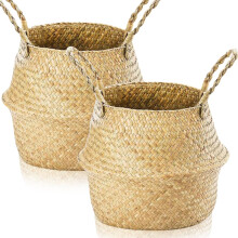 Lighterday 2pcs Seagrass Storage Baskets - Woven Wicker Planter Foldable Toy Laundry Belly Basket, Round Seagrass Pot for Shelves (L 3228cm)