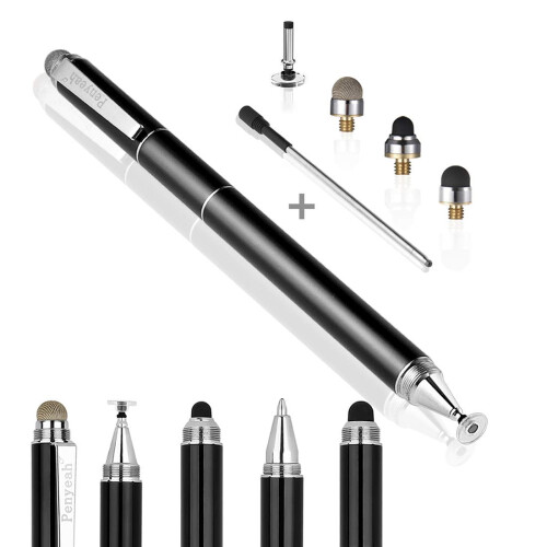 Penna stilo a disco 4 in 1 per schermi touch – Alta precisione, compatibile con iPhone, iPad e laptop; include 4 punte – Nera