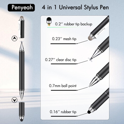 Penna stilo a disco 4 in 1 per schermi touch – Alta precisione, compatibile con iPhone, iPad e laptop; include 4 punte – Nera 1