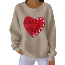 Damen-Sweatshirt zum Valentinstag mit Herzprint, geripptem Rundhalsausschnitt, lässigem Langarm-Pullover