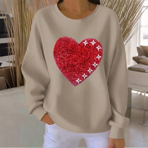 Felpa da donna a coste con scollo rotondo e cuore per San Valentino, lunga 1