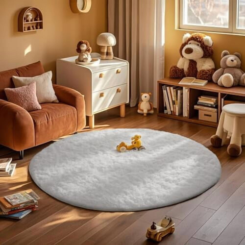 White shaggy round area rug 6 ft