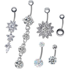 6PCS14G Stainless Steel Dangle Belly Button Rings for Women Belly Piercing CZ Inlaid