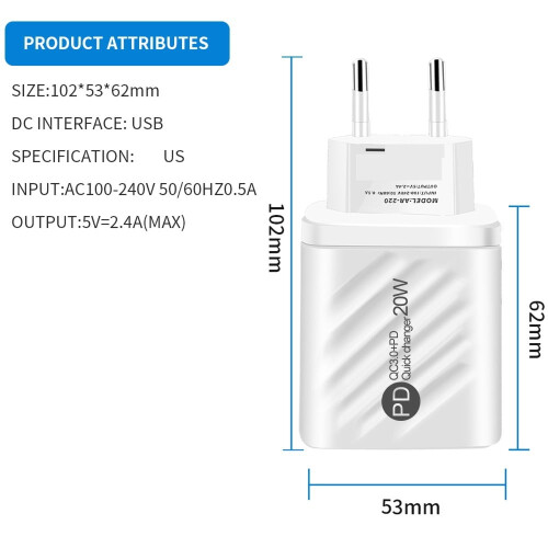 Γρήγορος φορτιστής τοίχου USB 20W, φορτιστής USB τύπου C PD, γρήγορη φόρτιση USB ψηφιακής 1