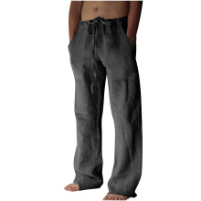 Herren-Strandhose aus Baumwoll-Leinen-Mischgewebe, Kordelzug, weites Bein, elastischer Bund, atmungsaktiv, bequem, weich, Modell 2025, lässige lange