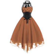QLEICOM Dames Gotische Mouwloze Halterjurk, Vintage Punk Hippie Zwarte Kanten Cocktailjurk – Oranje XXL, geschikt voor Halloween & formele