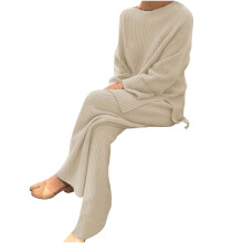 Truienset voor dames, tweedelig, elegante gebreide trui met lange broek, casual set voor thuis en vrije tijd, beige