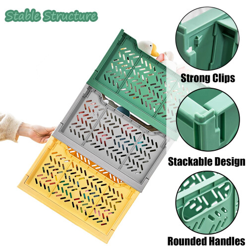 Spesh 2 Pcs Large Collapsible Storage Crates Stackable Plastic Storage Baskets Foldable Crate Boxes for Kitchen, Living Room, Bedroom(Dark green+grey) 2