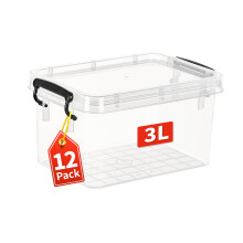Cetomo 3L*12 Plastic Storage Boxes, Small Storage Box with Lids, Compact Desktop Box, Durable, Sturdy, Heavy- Duty, No-Frills, Stackable, PP,