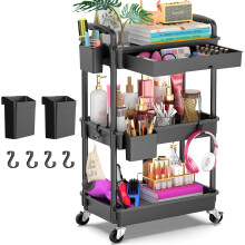 Chariot utilitaire à roulettes à 4 niveaux avec tiroir amovible, 2 roues verrouillables, rose – Convient pour la salle de bain, la cuisine, les