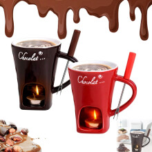 Sweet Fondue Cup Set w/ Forks – Ceramic Chocolate Melting Mugs for Date Night, Birthday, Wedding Gifts (Red+Black), compatible with tealight