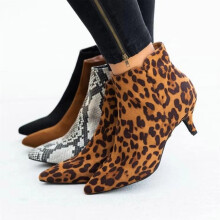 Western Boots Women Shoes Leopard Snake Print Fine Heels Mid Heel Pointed Side Zip5.5(36)