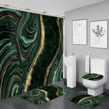 Ensemble rideau de douche en marbre vert avec tapis dorés 4 pièces