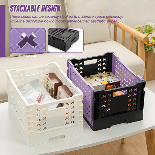 Spesh 2 Pcs Collapsible Crates Storage Boxes Plastic Foldable Crates Stackable Storage Baskets for Home Kitchen Office(Black & Purple, 30x22x18cm) 2