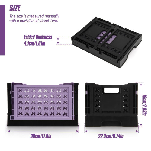 Spesh 2 Pcs Collapsible Crates Storage Boxes Plastic Foldable Crates Stackable Storage Baskets for Home Kitchen Office(Black & Purple, 30x22x18cm) 1