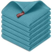 Panos de prato 100% algodão com trama waffle (30x30 cm, azul-turquesa), pacote com 6 unidades, ultramacios e de secagem rápida — compatíveis com