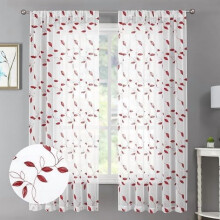 Burgunderrøde, gjennomsiktige gardiner med bladmotiv, brodert voile, stanglomme, 91x136 cm, sett med 2 paneler