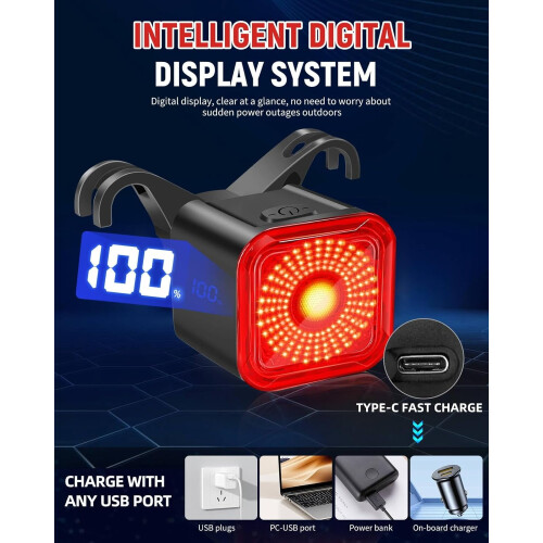 Πίσω φως ποδηλάτου με οθόνη LED, επαναφορτιζόμενο USB-C, 6 λειτουργίες, IP55 αδιάβροχο, 1