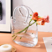 Clear Glass Vase with Bubbles & Handle, 7.7"X7.3" Handbag-Shaped Decorative Vase/Fish Bowl for Wedding Birthday Centerpieces